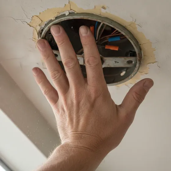 Close-up hand testing wobble on ceiling box for fan installation Denton