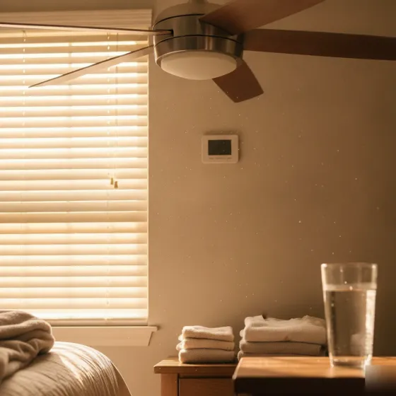 Ceiling fan running safely in Denton bedroom during hot summer day