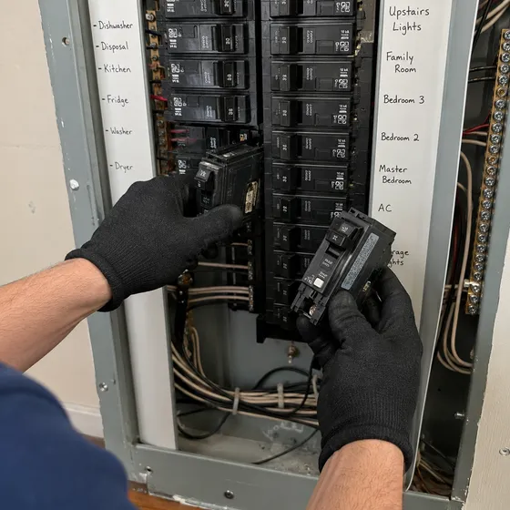 Electrician replacing a circuit breaker in a labelled residential electrical panel in Denton