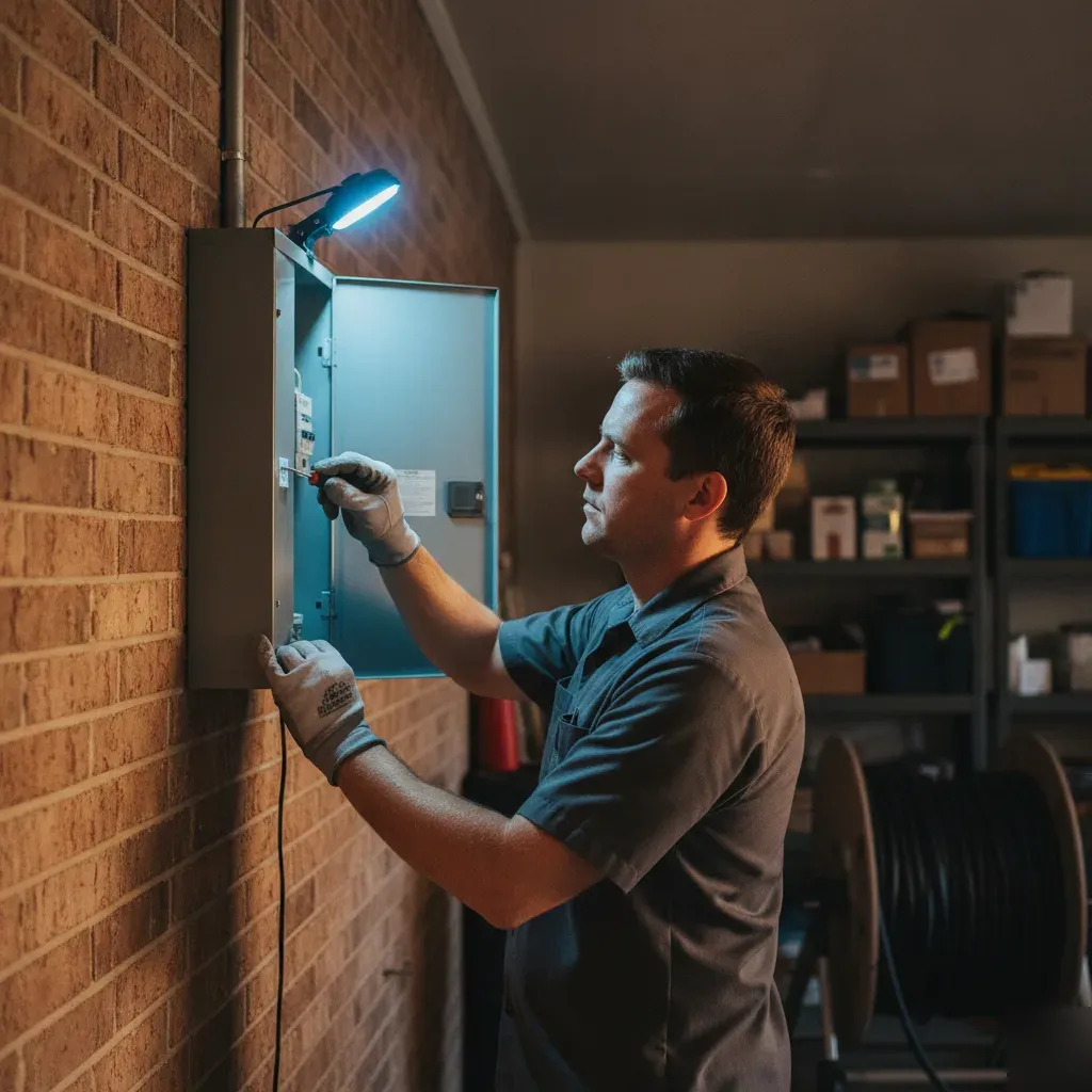 Electrician opening circuit breaker panel during repair visit in Denton home