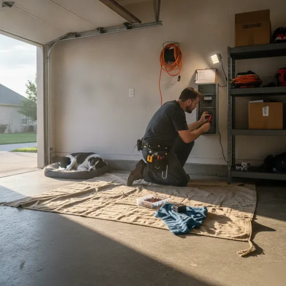 Electrician performing circuit breaker repair inside Denton home garage panel
