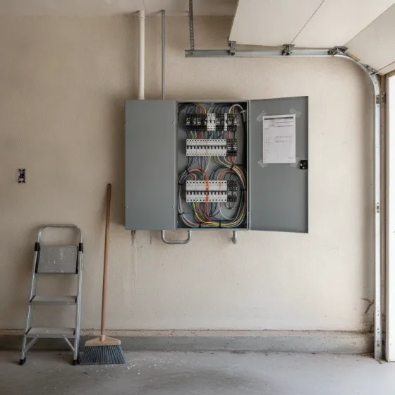 Newly installed electrical subpanel with labeled breakers in Denton garage