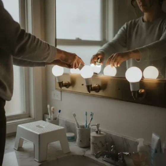 Homeowner replacing bulb in bathroom vanity light fixture in Denton