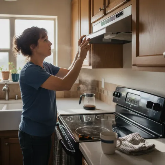Homeowner testing kitchen vent fan switch after simple DIY task Denton