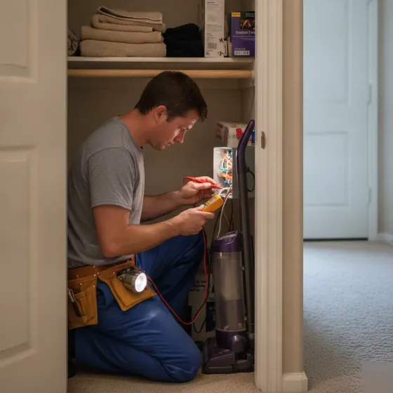 Electrician testing junction box wiring during Denton home inspection