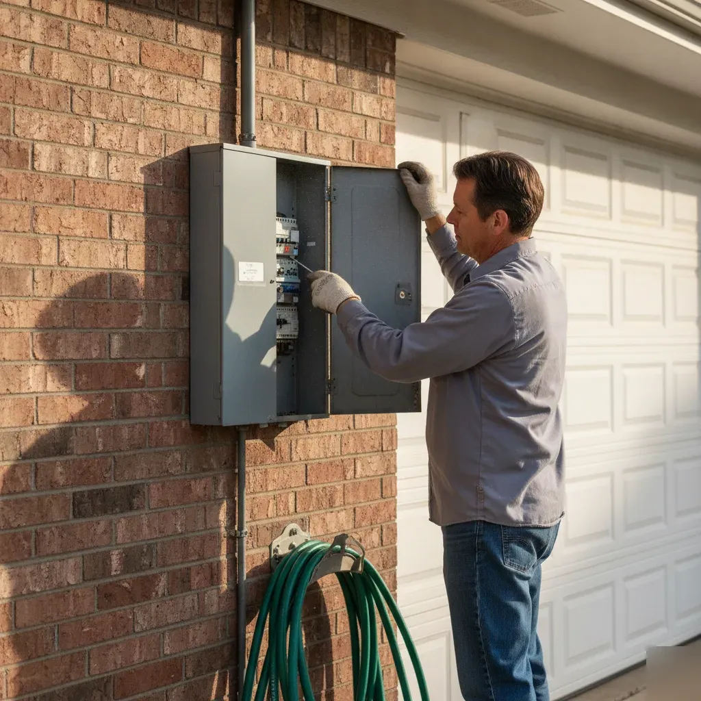 Electrician opens home electrical panel during inspection at Denton brick house