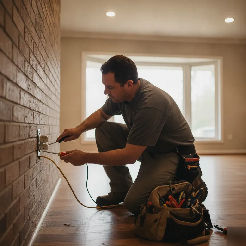 Electrician installing new outlet in Denton brick home living room wall