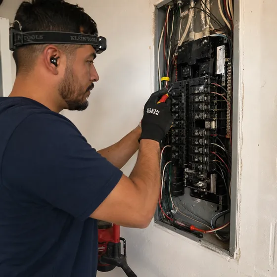 Electrician working inside an open breaker panel with a screwdriver during a panel repair in Denton