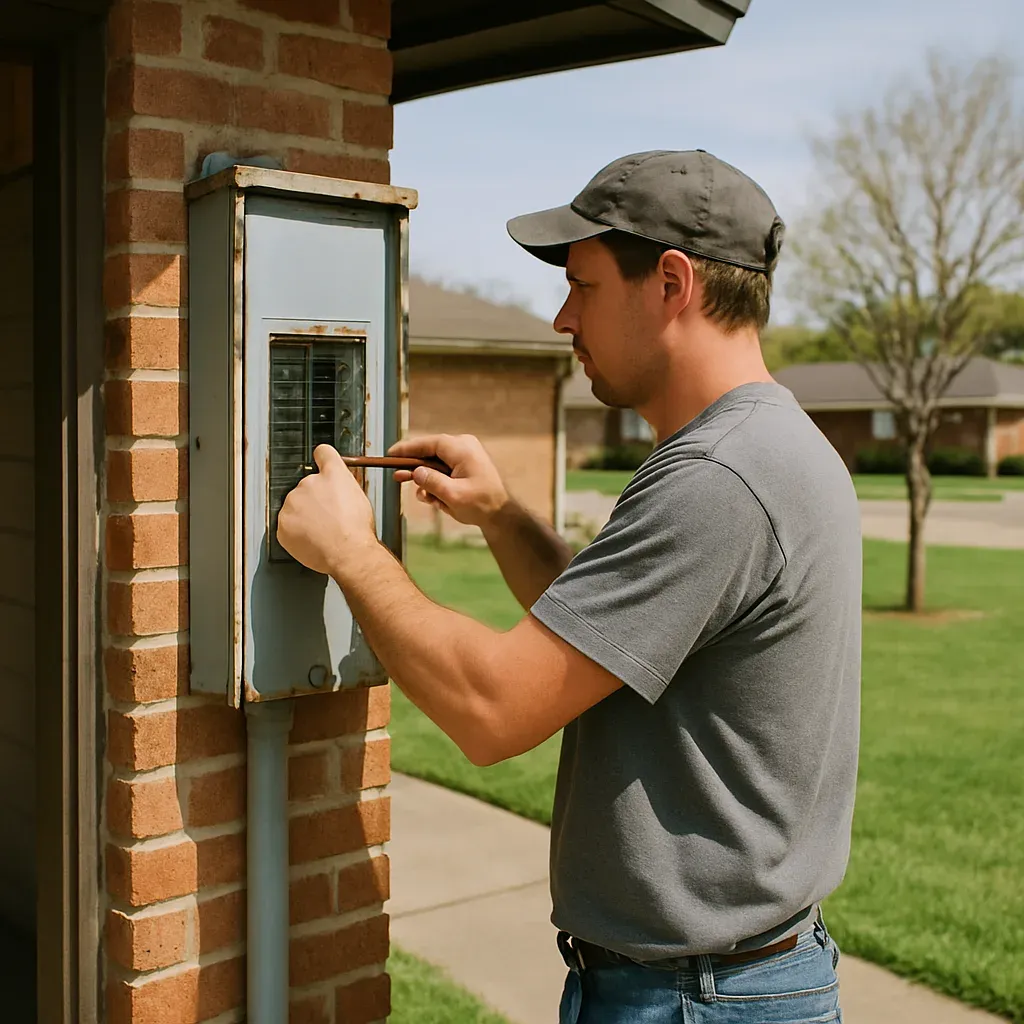 Electrician upgrading old panel on 1979 brick home near Joe Skiles Park Denton