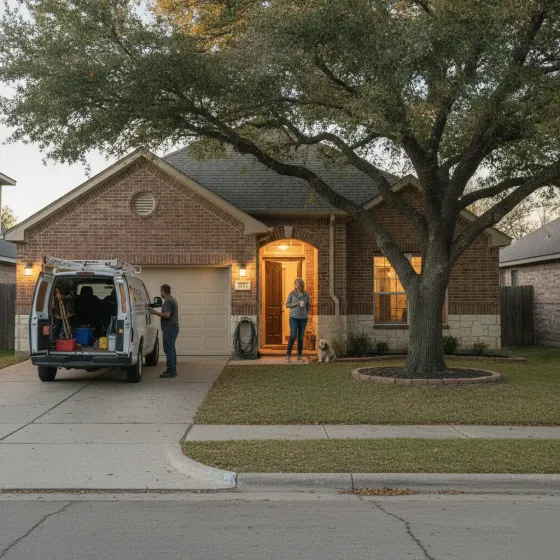 Denton homeowner and electrician outside brick home after electrical repair service