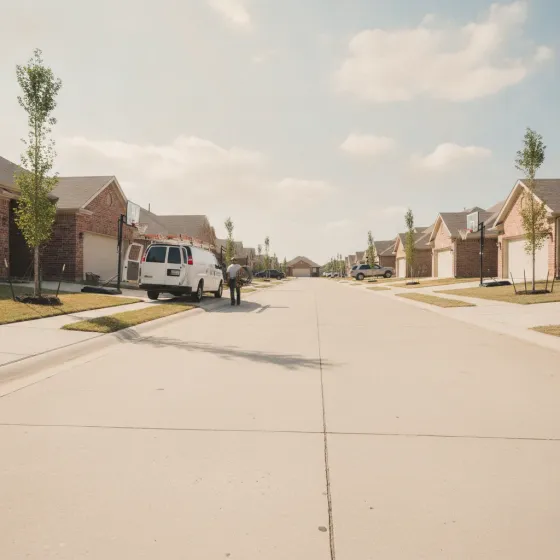 Service van and electrician on residential street in Denton subdivision