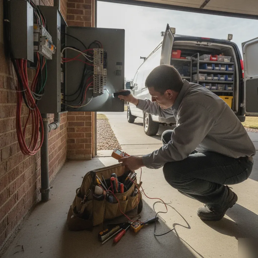 Electrician inspecting breaker panel in Denton home garage during electrical repair visit