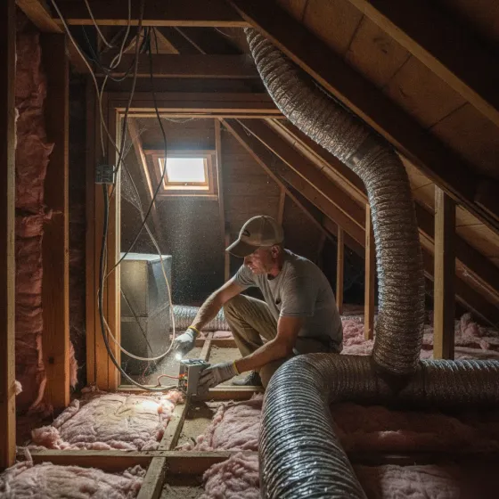 Electrician inspecting attic wiring for heat-related stress in Denton home