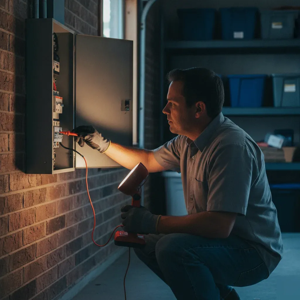 Electrician troubleshooting breaker panel with multimeter in Denton home garage