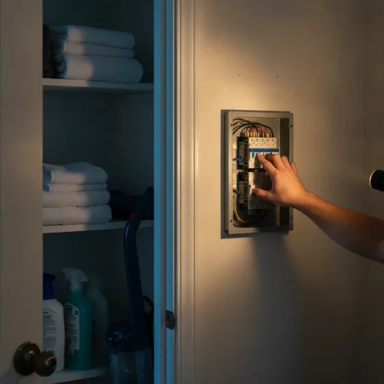 Homeowner resetting tripped breaker switch in Denton home hallway closet