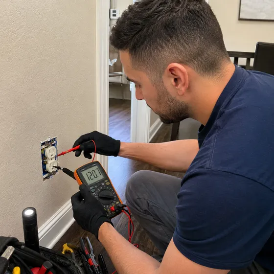 Electrician testing a wall outlet with a multimeter reading 120.7 volts during electrical troubleshooting in a Denton home