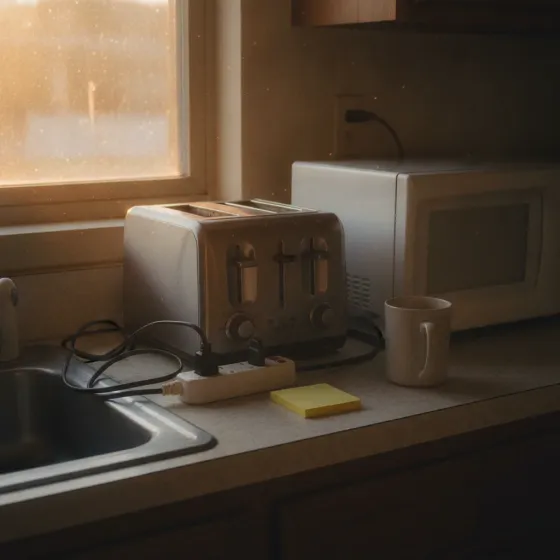 Kitchen outlet with toaster and microwave showing circuit overload sign in Denton home