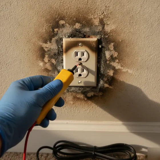 Close-up of discolored outlet during electrical troubleshooting inspection in Denton home