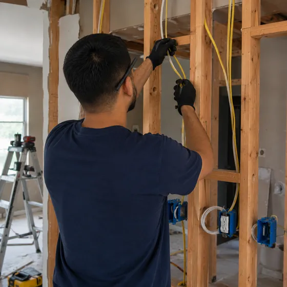 Electrician running new circuit wiring through wall studs during a Denton remodel