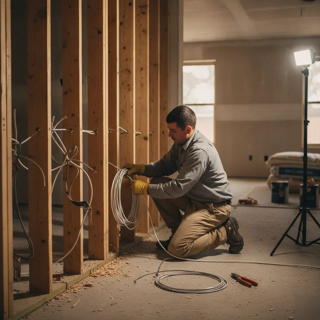 Electrician pulling new wiring through wall studs during installation in Denton home