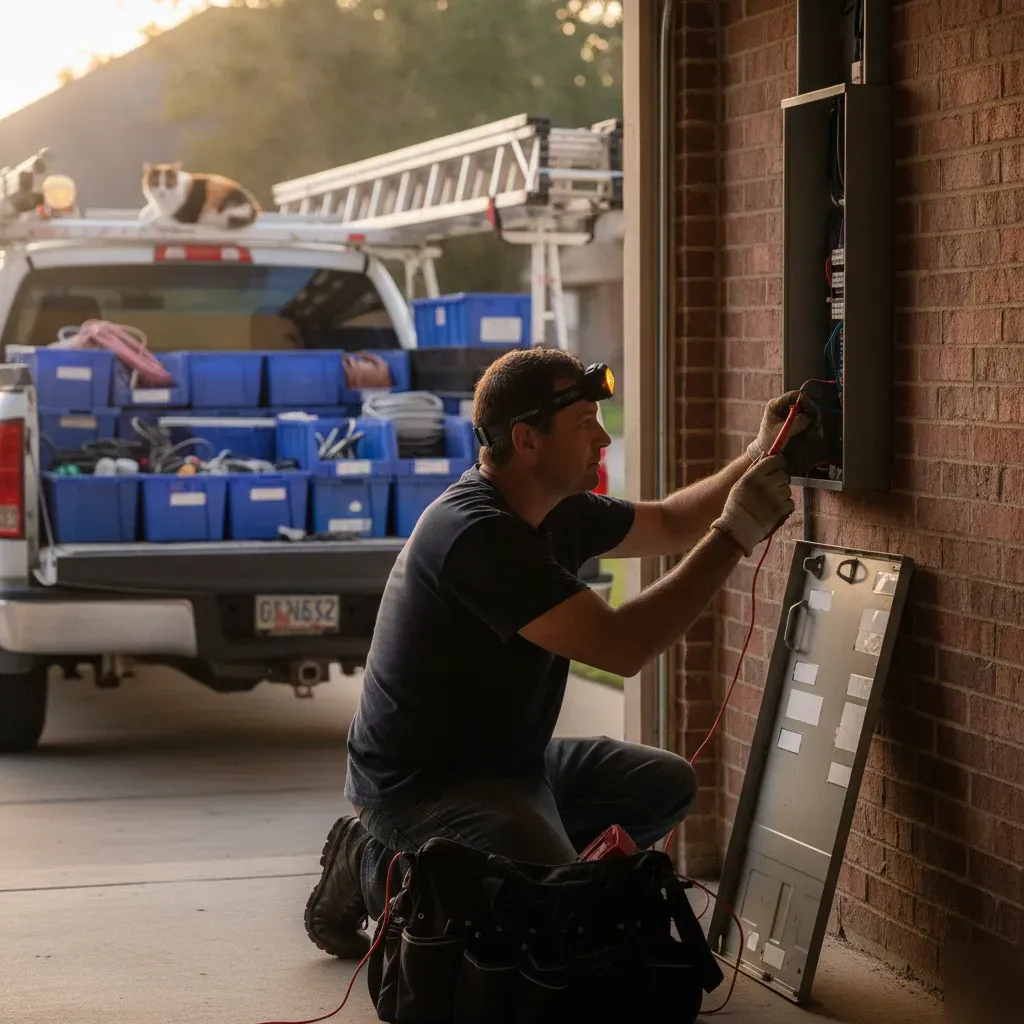 Electrician inspecting home panel with loaded service truck in Denton driveway