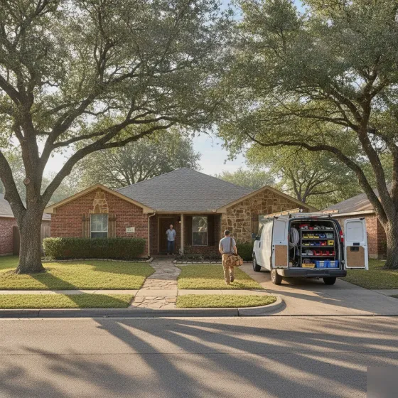 Electrician arriving at brick home on Denton residential street with service van
