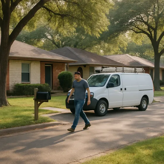 Electrician service van parked near Joe Skiles Park Denton neighborhood street