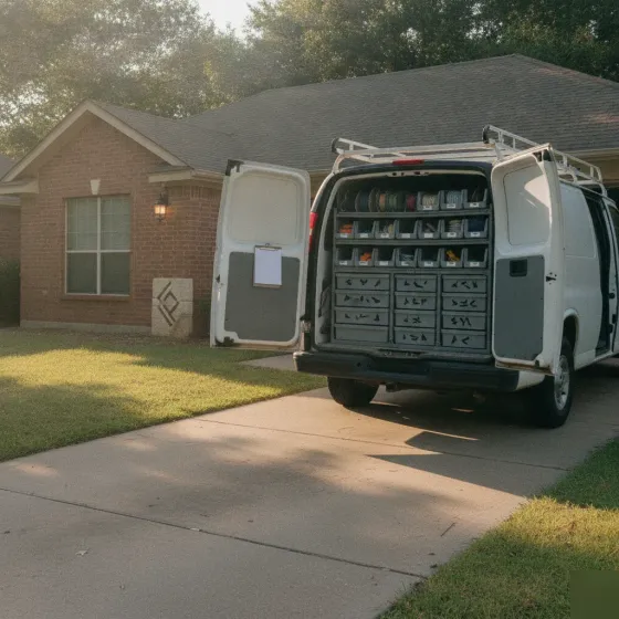 Electrician van parked outside Denton home during fan installation visit