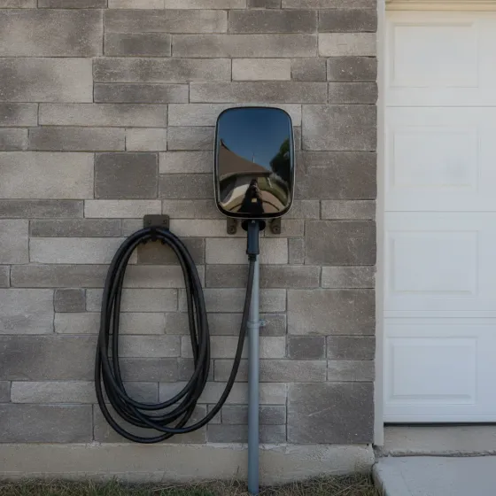 Completed EV charger mounted on stone wall after Denton home installation