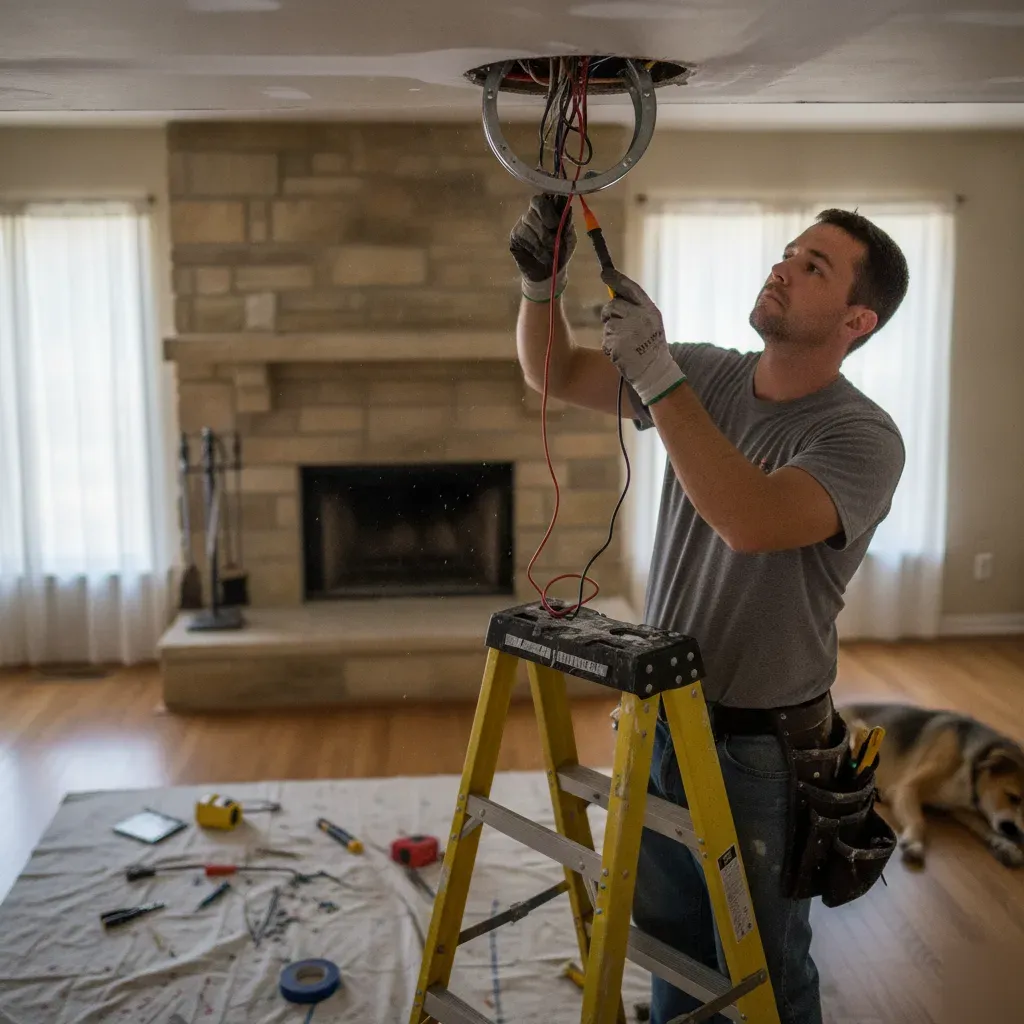 Electrician inspecting ceiling box before fan installation in Denton home