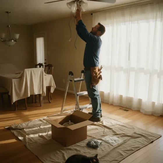Electrician installing ceiling fan fixture in Denton dining room