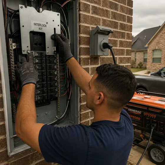 Electrician fitting a generator interlock kit to a residential breaker panel beside a generator inlet box in Denton