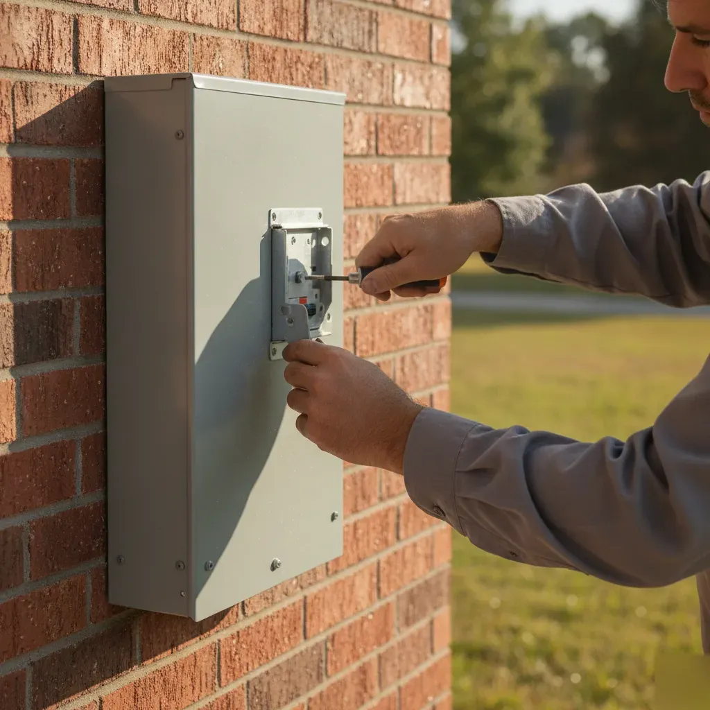 Electrician installing generator interlock kit on home panel in Denton