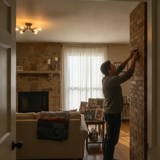Homeowner turning on new light fixture in Denton living room
