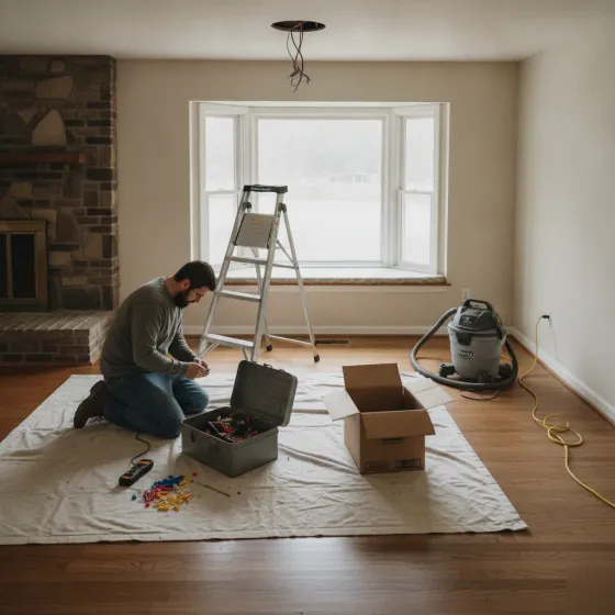 Electrician preparing tools for light fixture installation in Denton dining room