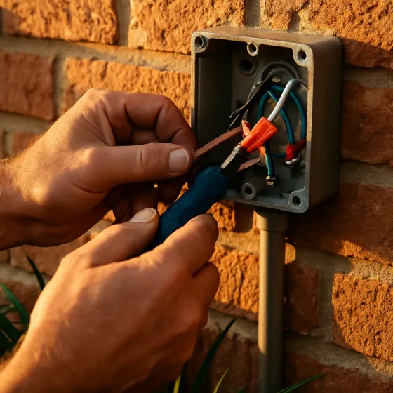 Electrician wiring junction box on brick home near Joe Skiles Park Denton