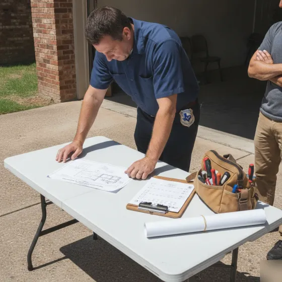 Licensed electrician reviewing permit paperwork with Denton homeowner in driveway