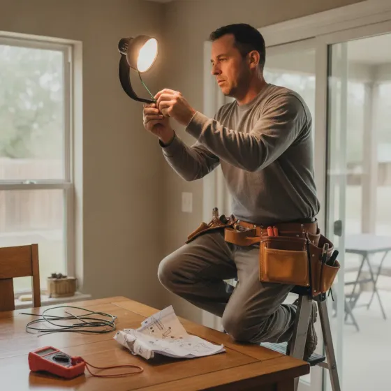 Licensed electrician wiring ceiling fan mount safely in Denton home