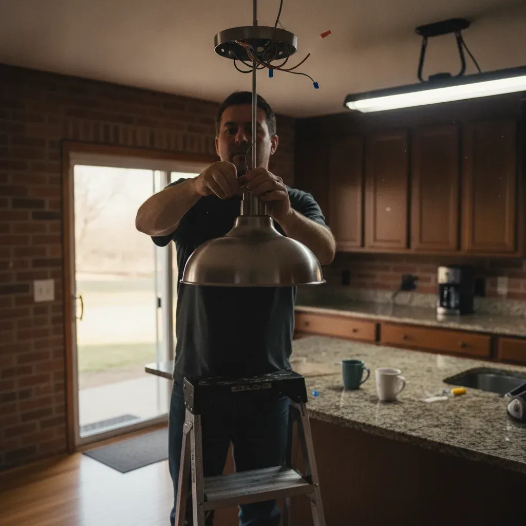 Electrician installing pendant light fixture in Denton kitchen ceiling box