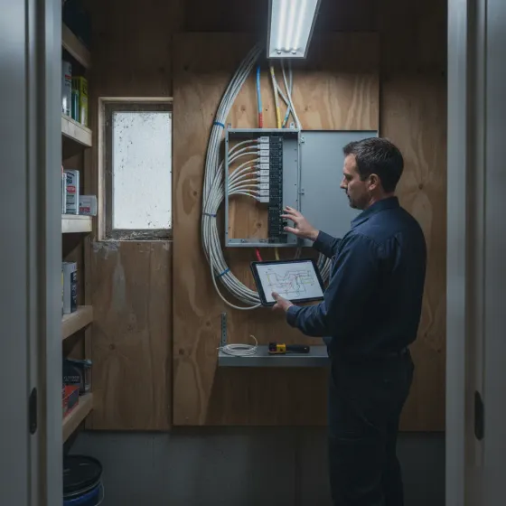 Contractor reviewing cabling plan in Denton utility closet