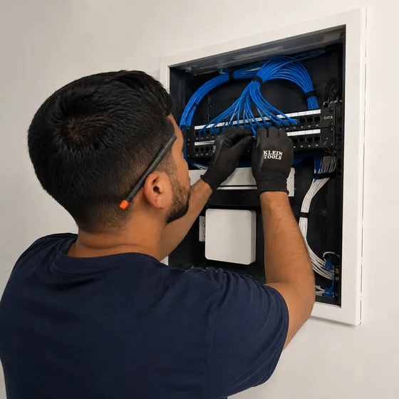 Electrician terminating Cat6 ethernet cables at a structured wiring patch panel in a Denton home