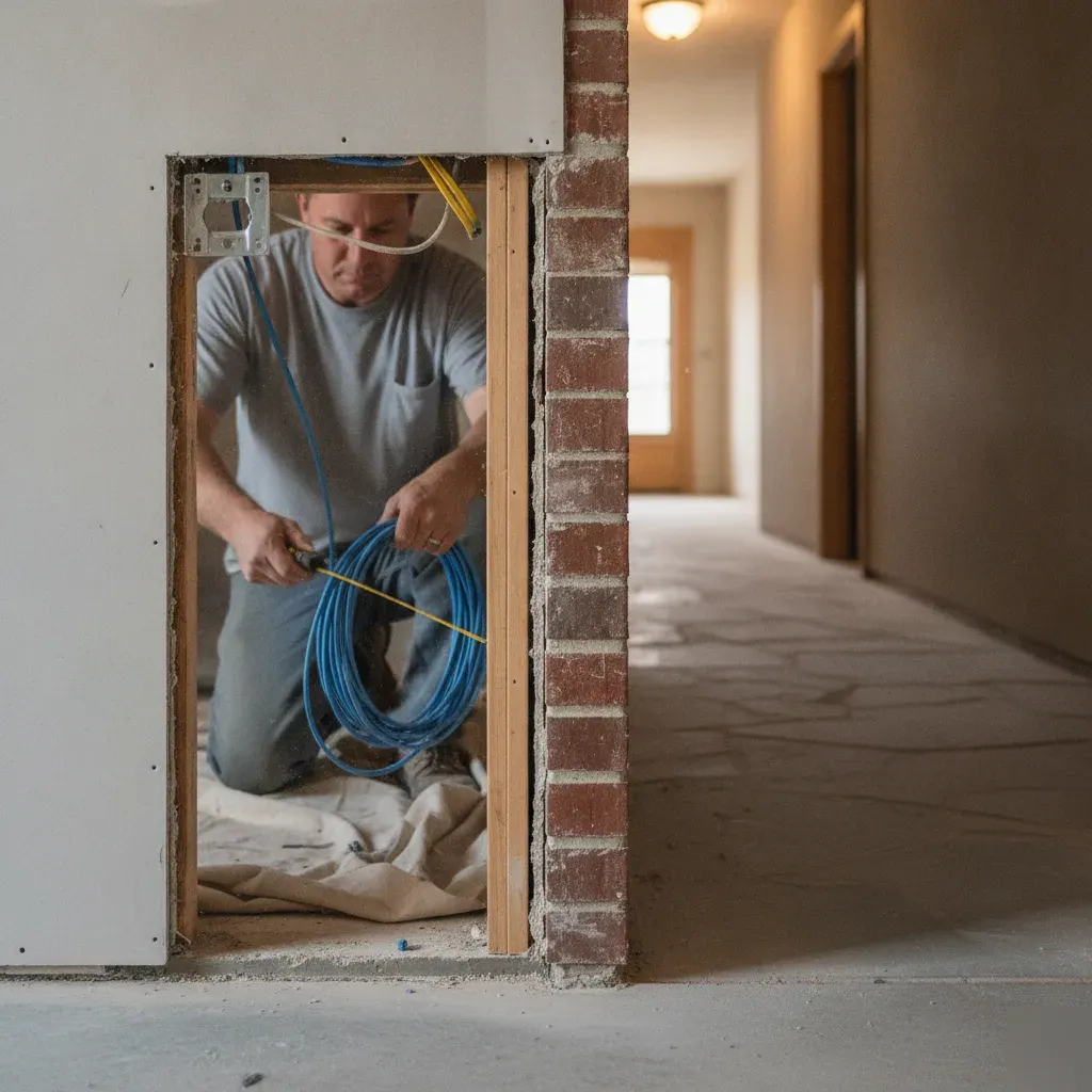 Electrician installing network cabling drop in Denton home wall