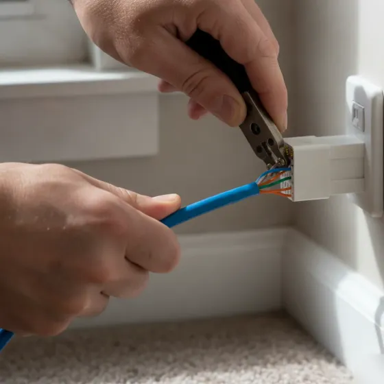 Punch-down tool terminating network cable jack in Denton home