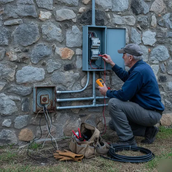 Electrician testing old exterior wiring panel during Denton lighting code upgrade