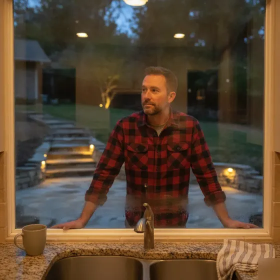 Homeowner viewing newly lit backyard after outdoor lighting installation in Denton
