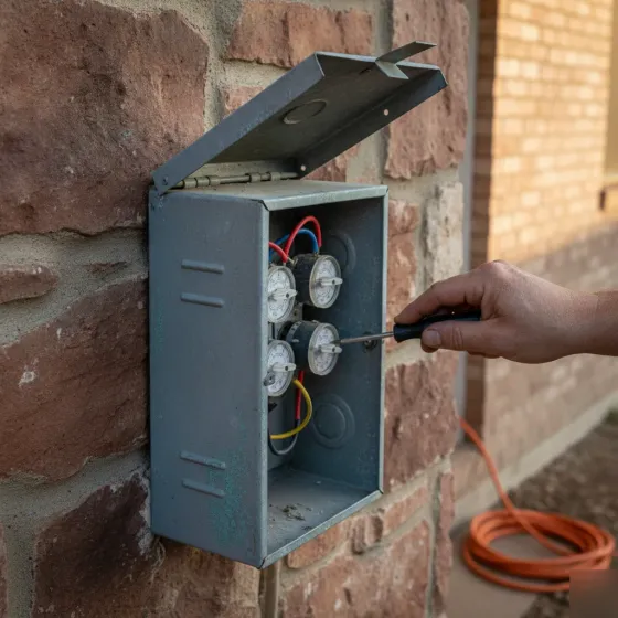 Electrician adjusting outdoor lighting transformer dial on Denton home wall
