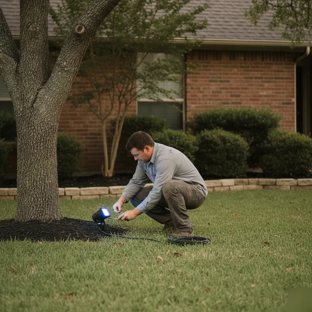 Electrician adjusting outdoor uplight fixture at Denton home during installation