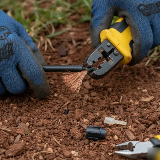 Close-up of electrician stripping low-voltage wire for outdoor lighting in Denton