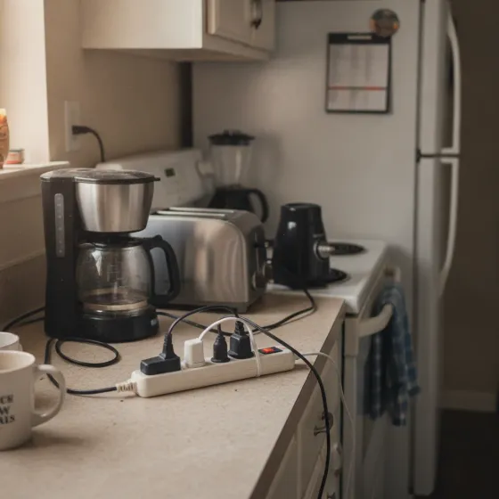 Overloaded kitchen outlet showing need for wiring installation in Denton home