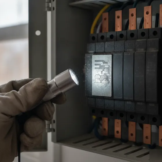 Close-up of breaker panel labels during interlock compatibility check Denton